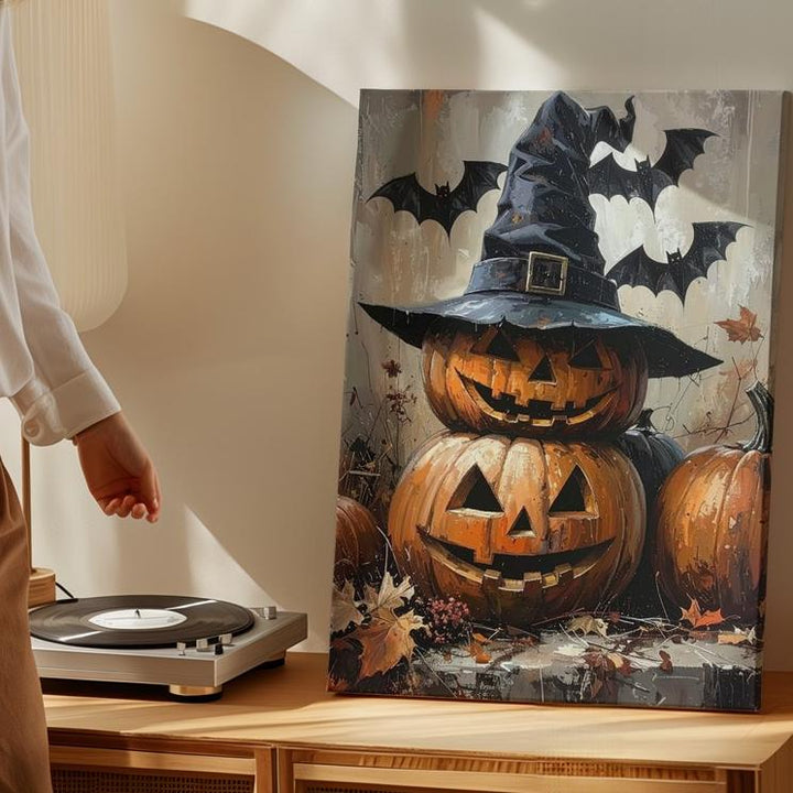 Witch Hat Pumpkin Trio Canvas – Mystical Autumn Magic Wall Art - Gifitto