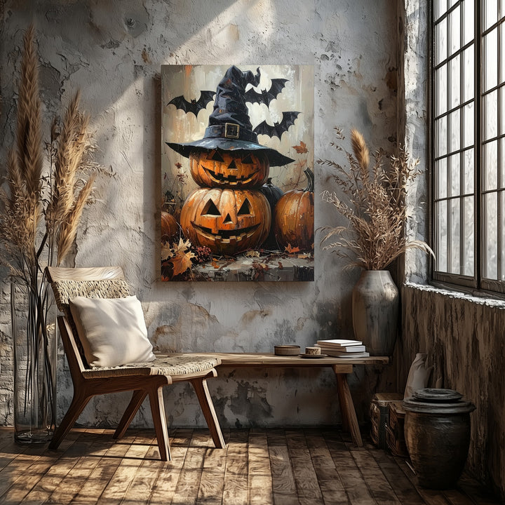 Witch Hat Pumpkin Trio Canvas – Mystical Autumn Magic Wall Art - Gifitto