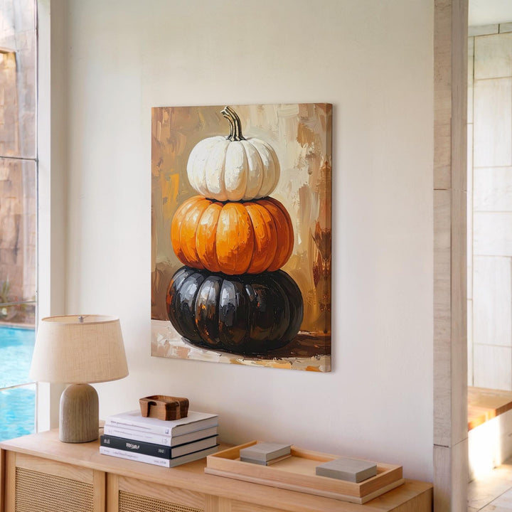 Stacked Harvest Pumpkins Canvas – Modern Autumn Minimalist Wall Art - Gifitto