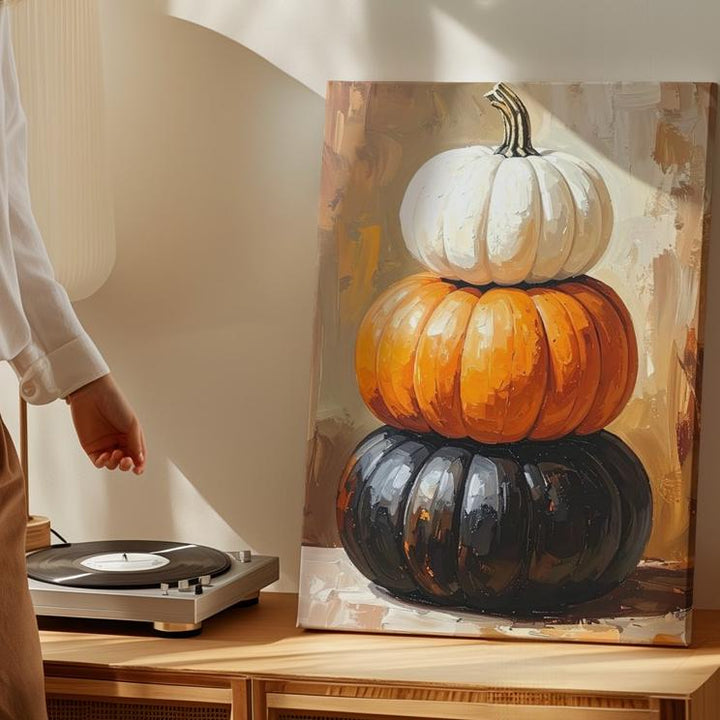 Stacked Harvest Pumpkins Canvas – Modern Autumn Minimalist Wall Art - Gifitto