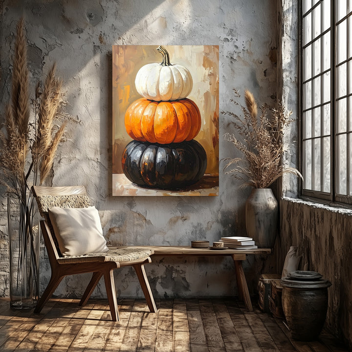 Stacked Harvest Pumpkins Canvas – Modern Autumn Minimalist Wall Art - Gifitto