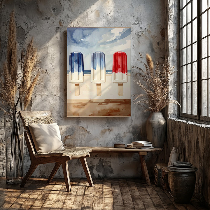Watercolor Ice Pop Trio Canvas – Nostalgic Patriotic Summer Wall Art - Gifitto
