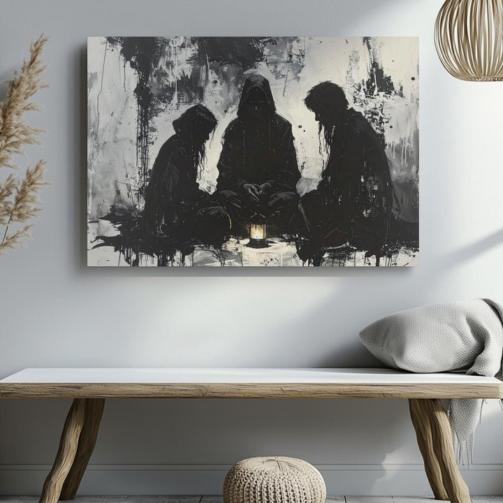 Silent Lantern Ritual Canvas – Surreal Minimalist Mourning Art - Gifitto