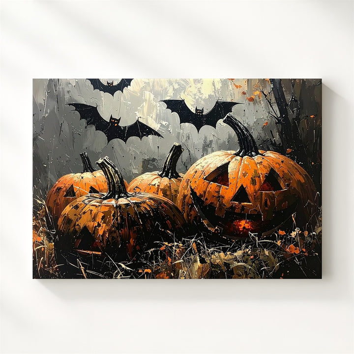 Sinister Trio Pumpkin Canvas – Haunted Halloween Jack-o'-Lanterns in Mist - Gifitto