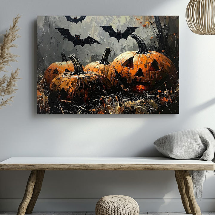 Sinister Trio Pumpkin Canvas – Haunted Halloween Jack-o'-Lanterns in Mist - Gifitto