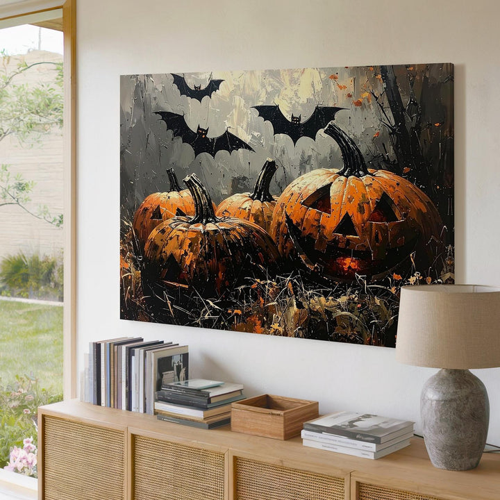 Sinister Trio Pumpkin Canvas – Haunted Halloween Jack-o'-Lanterns in Mist - Gifitto