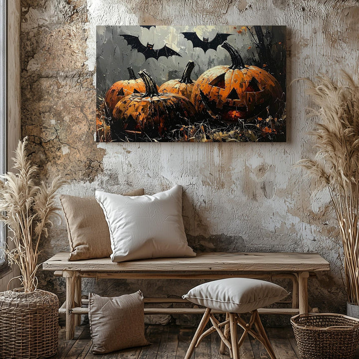 Sinister Trio Pumpkin Canvas – Haunted Halloween Jack-o'-Lanterns in Mist - Gifitto