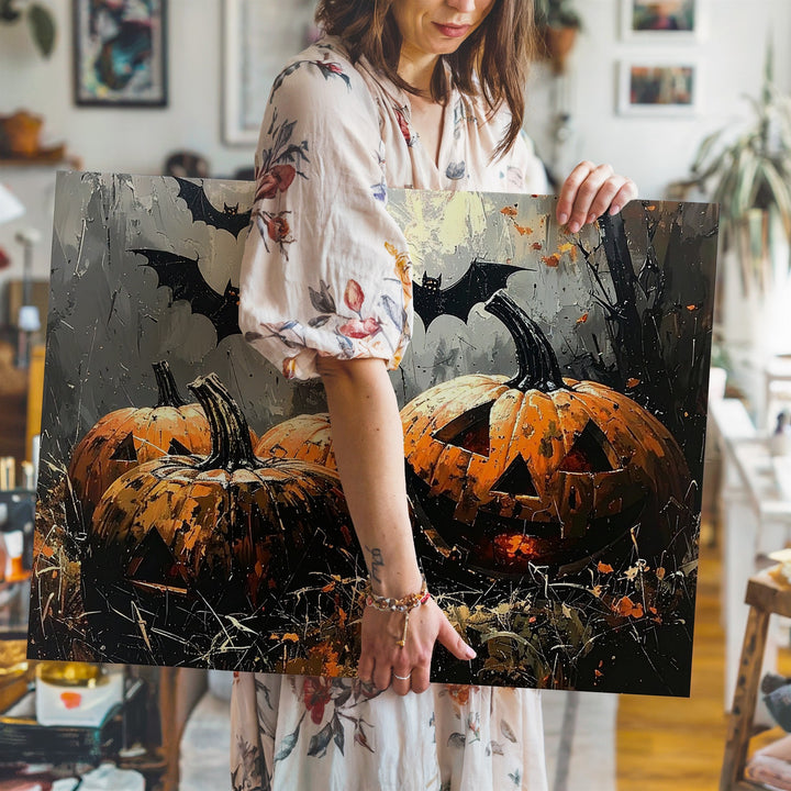 Sinister Trio Pumpkin Canvas – Haunted Halloween Jack-o'-Lanterns in Mist - Gifitto