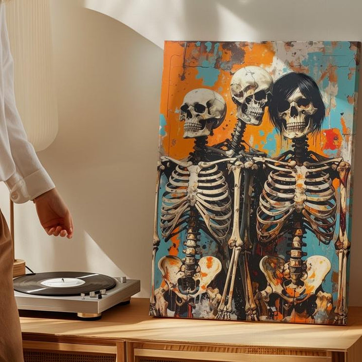 Punk Skeleton Trio Canvas – Urban Graffiti Halloween Wall Art - Gifitto