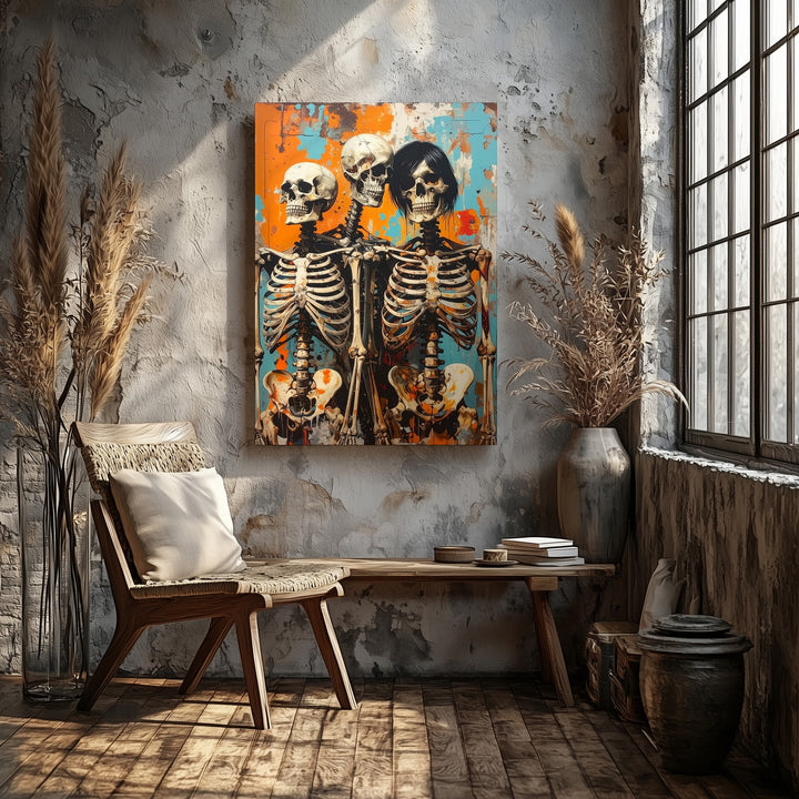 Punk Skeleton Trio Canvas – Urban Graffiti Halloween Wall Art - Gifitto
