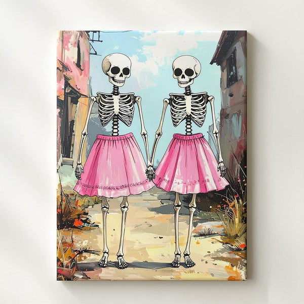 Skeleton Sisterhood Canvas – Whimsical Halloween Friendship in Pink - Gifitto