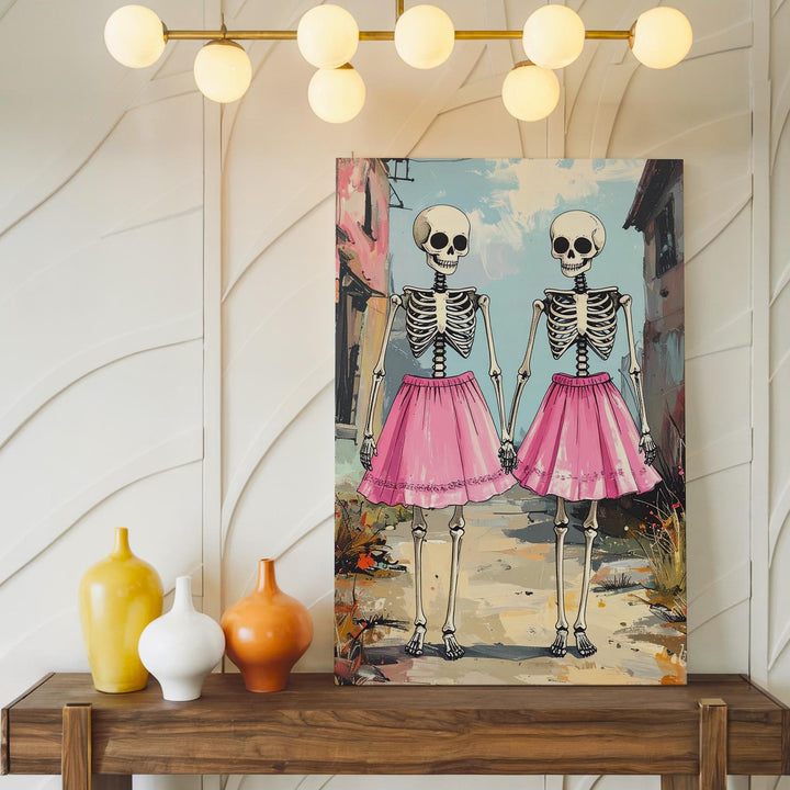 Skeleton Sisterhood Canvas – Whimsical Halloween Friendship in Pink - Gifitto
