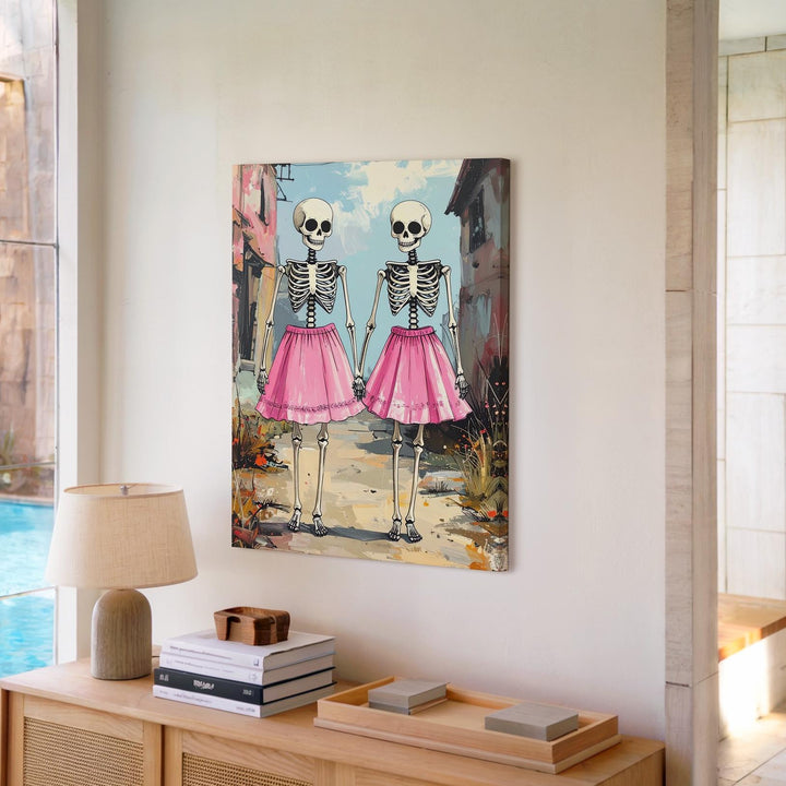 Skeleton Sisterhood Canvas – Whimsical Halloween Friendship in Pink - Gifitto