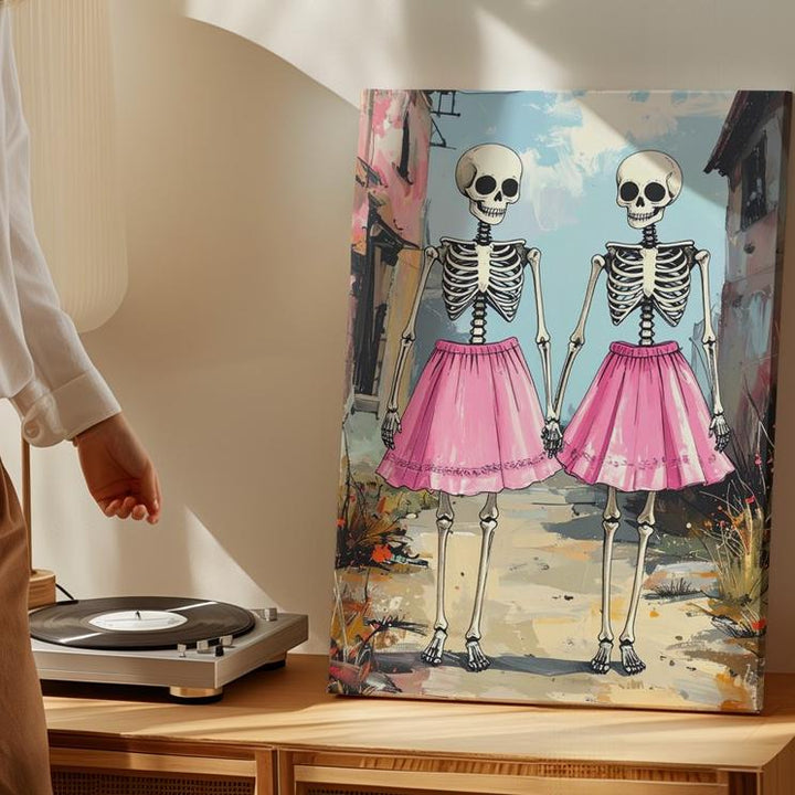 Skeleton Sisterhood Canvas – Whimsical Halloween Friendship in Pink - Gifitto