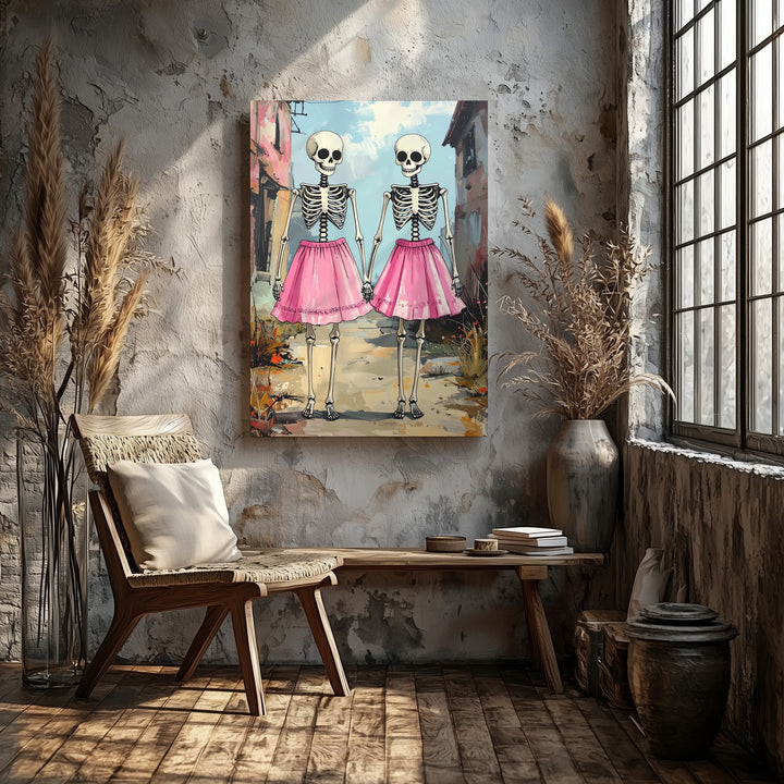 Skeleton Sisterhood Canvas – Whimsical Halloween Friendship in Pink - Gifitto