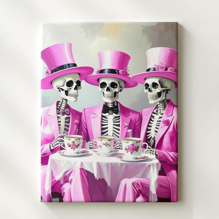 Skeleton Tea Party Canvas – Pink Suited Halloween Elegance & Whimsy - Gifitto