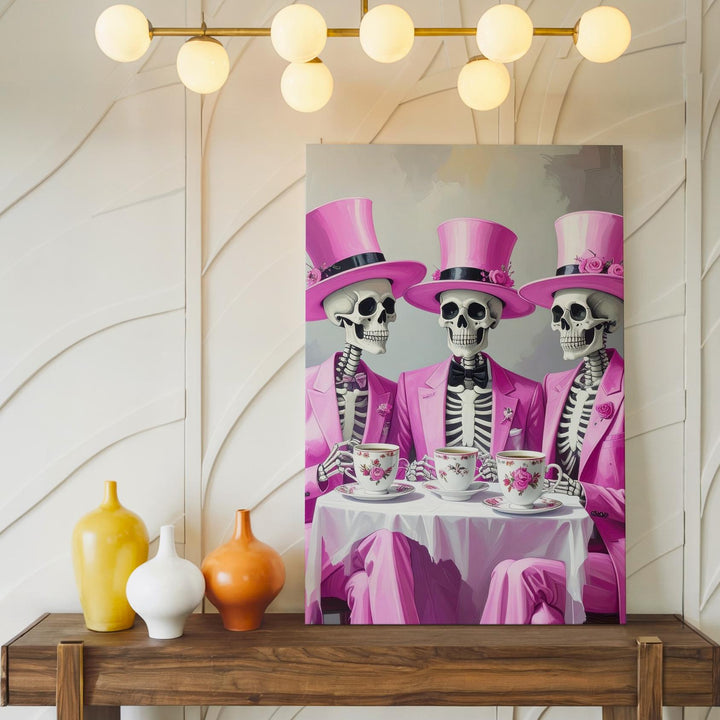 Skeleton Tea Party Canvas – Pink Suited Halloween Elegance & Whimsy - Gifitto