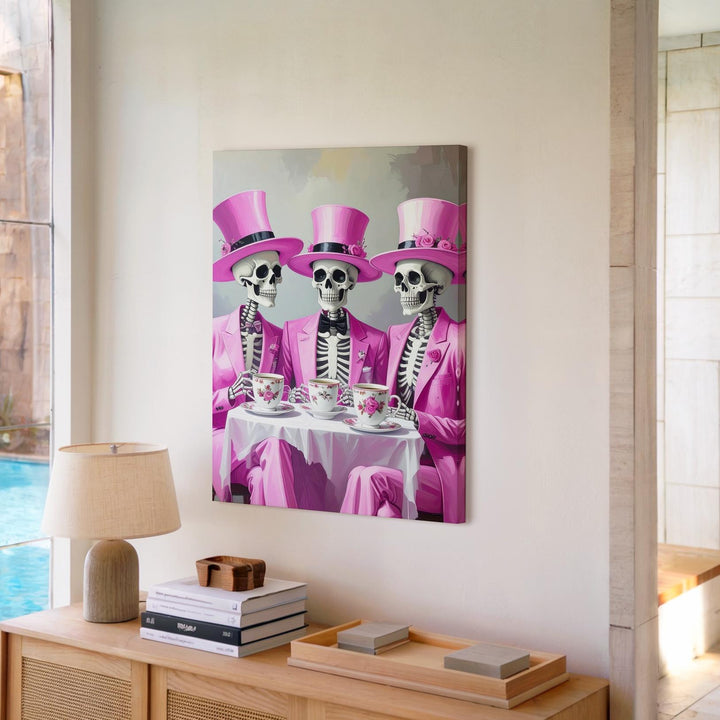 Skeleton Tea Party Canvas – Pink Suited Halloween Elegance & Whimsy - Gifitto