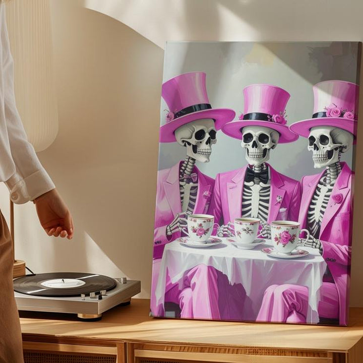 Skeleton Tea Party Canvas – Pink Suited Halloween Elegance & Whimsy - Gifitto