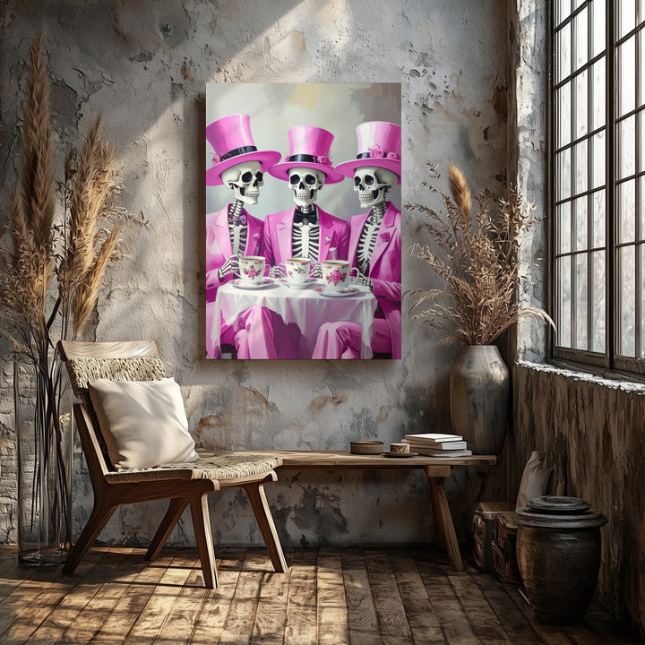 Skeleton Tea Party Canvas – Pink Suited Halloween Elegance & Whimsy - Gifitto
