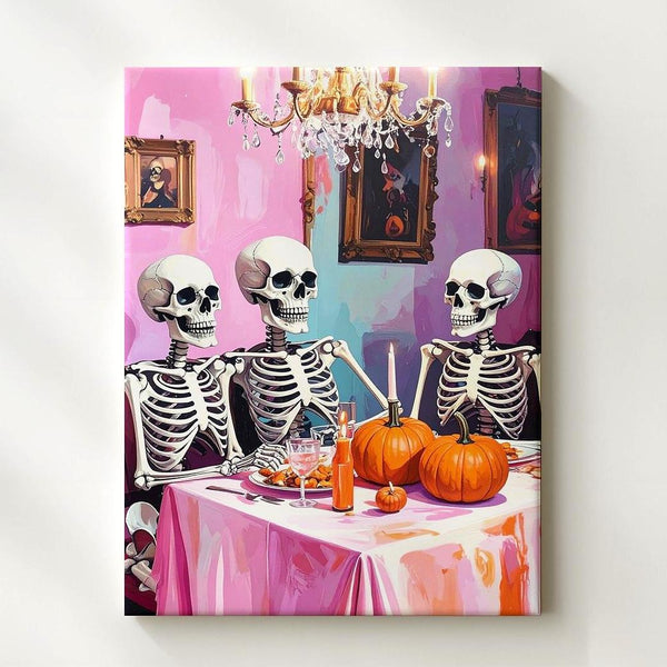 Cozy Skeleton Dinner Canvas – Pastel Halloween Meal & Warm Lighting Art - Gifitto