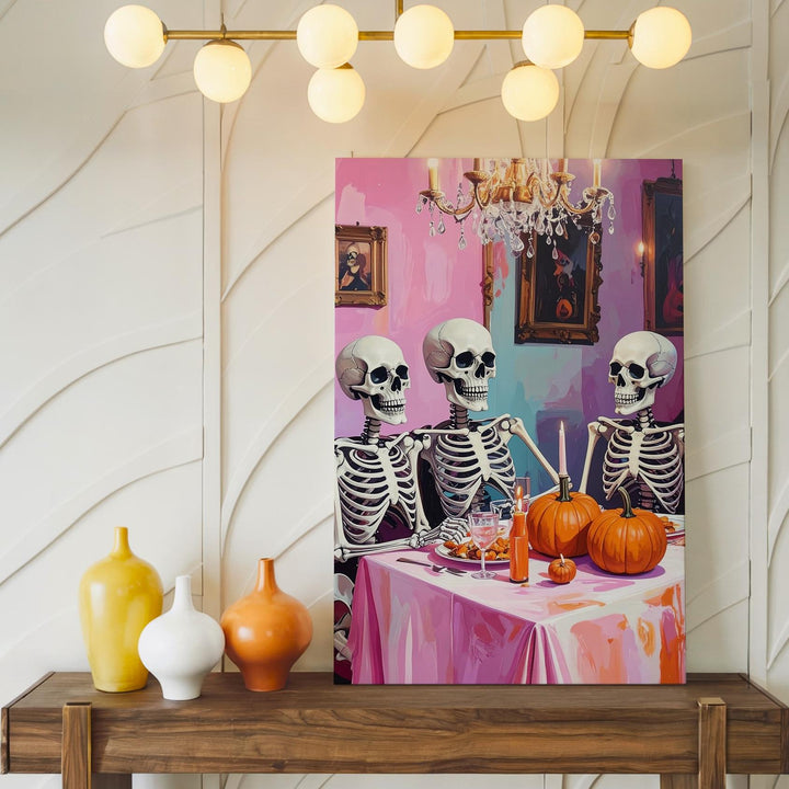 Cozy Skeleton Dinner Canvas – Pastel Halloween Meal & Warm Lighting Art - Gifitto