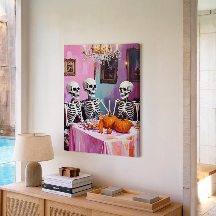 Cozy Skeleton Dinner Canvas – Pastel Halloween Meal & Warm Lighting Art - Gifitto