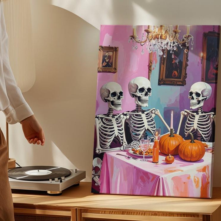 Cozy Skeleton Dinner Canvas – Pastel Halloween Meal & Warm Lighting Art - Gifitto