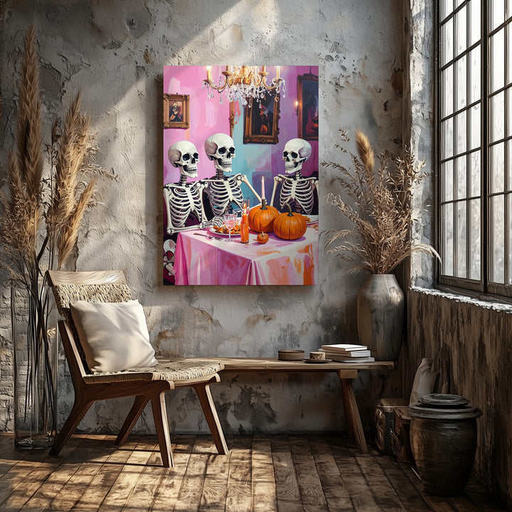 Cozy Skeleton Dinner Canvas – Pastel Halloween Meal & Warm Lighting Art - Gifitto