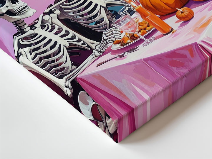 Cozy Skeleton Dinner Canvas – Pastel Halloween Meal & Warm Lighting Art - Gifitto