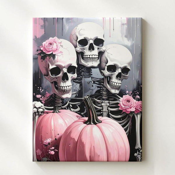 Gothic Celebration Canvas – Three Skeletons & Pastel Pink Pumpkins Art - Gifitto