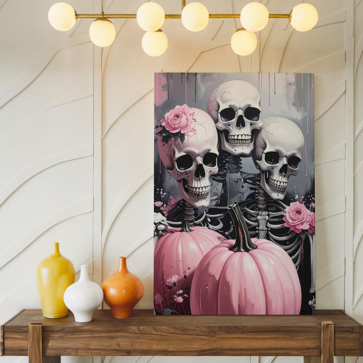 Gothic Celebration Canvas – Three Skeletons & Pastel Pink Pumpkins Art - Gifitto
