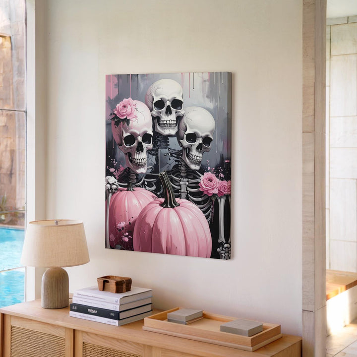 Gothic Celebration Canvas – Three Skeletons & Pastel Pink Pumpkins Art - Gifitto