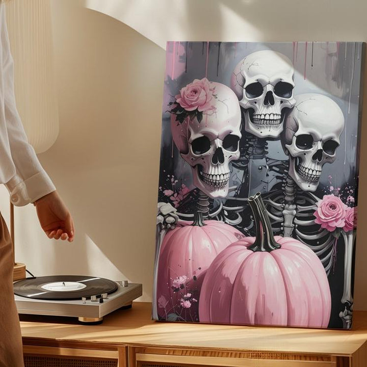 Gothic Celebration Canvas – Three Skeletons & Pastel Pink Pumpkins Art - Gifitto
