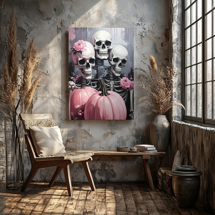 Gothic Celebration Canvas – Three Skeletons & Pastel Pink Pumpkins Art - Gifitto