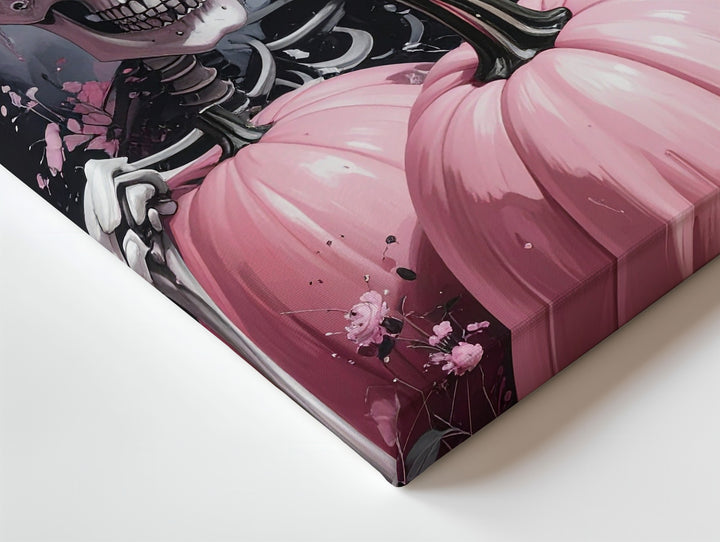Gothic Celebration Canvas – Three Skeletons & Pastel Pink Pumpkins Art - Gifitto