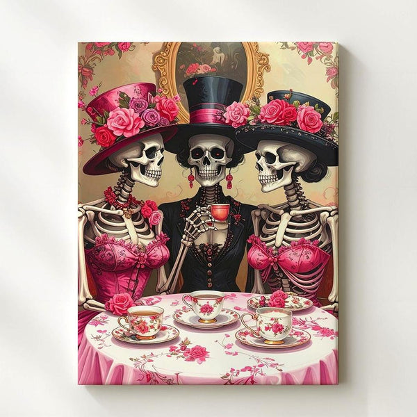 High-Society Skeleton Tea Party Canvas – Vintage Halloween Elegance with Floral Hats - Gifitto