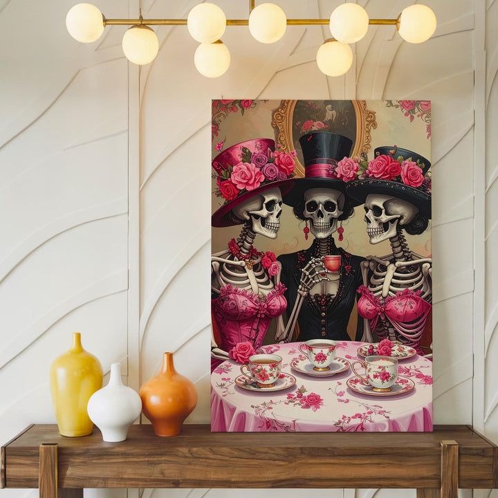 High-Society Skeleton Tea Party Canvas – Vintage Halloween Elegance with Floral Hats - Gifitto