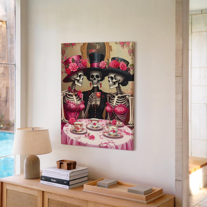 High-Society Skeleton Tea Party Canvas – Vintage Halloween Elegance with Floral Hats - Gifitto
