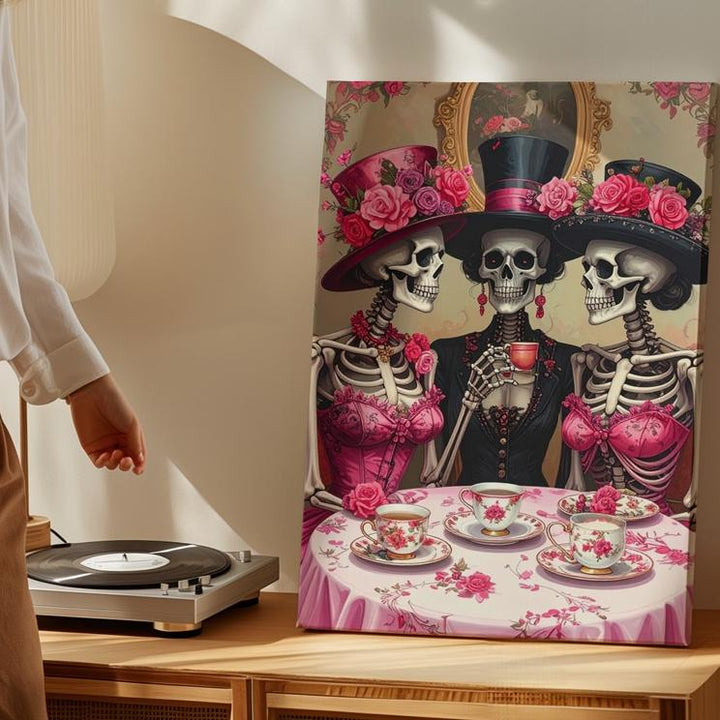 High-Society Skeleton Tea Party Canvas – Vintage Halloween Elegance with Floral Hats - Gifitto