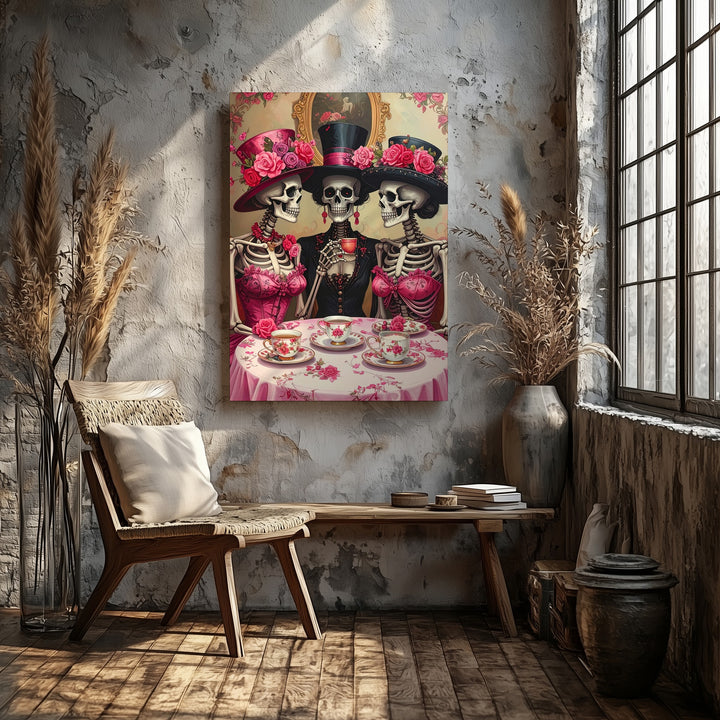 High-Society Skeleton Tea Party Canvas – Vintage Halloween Elegance with Floral Hats - Gifitto