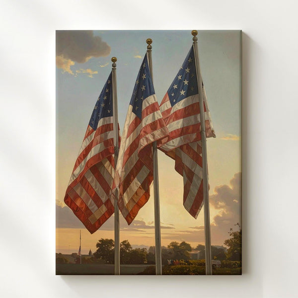 Golden Hour Flag Trio Canvas – Reverent Patriotic Wall Art with Sunlit Detail - Gifitto