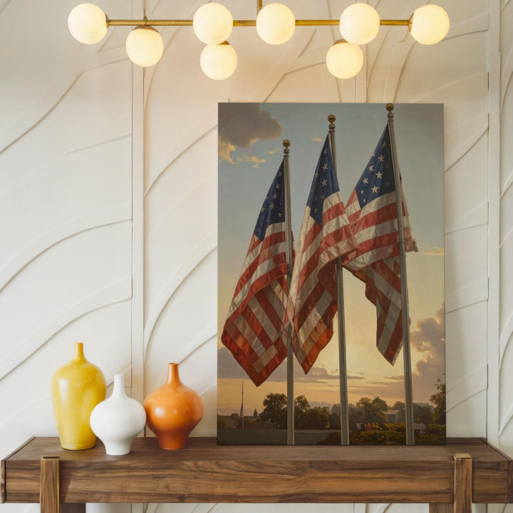 Golden Hour Flag Trio Canvas – Reverent Patriotic Wall Art with Sunlit Detail - Gifitto