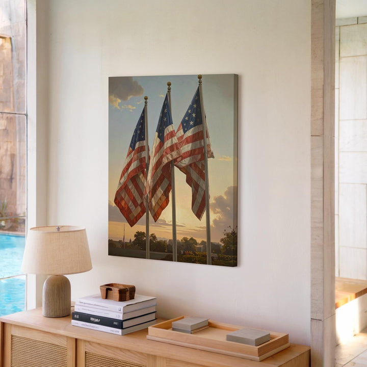 Golden Hour Flag Trio Canvas – Reverent Patriotic Wall Art with Sunlit Detail - Gifitto