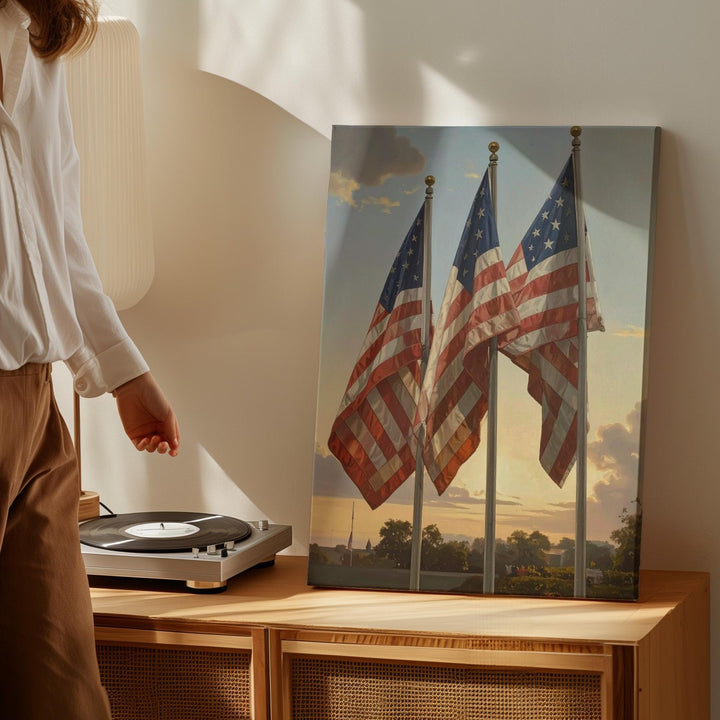 Golden Hour Flag Trio Canvas – Reverent Patriotic Wall Art with Sunlit Detail - Gifitto