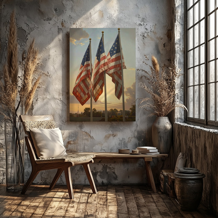 Golden Hour Flag Trio Canvas – Reverent Patriotic Wall Art with Sunlit Detail - Gifitto