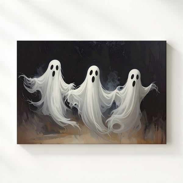 Floating Ghost Trio Canvas – Playful Halloween Spirits in Motion - Gifitto
