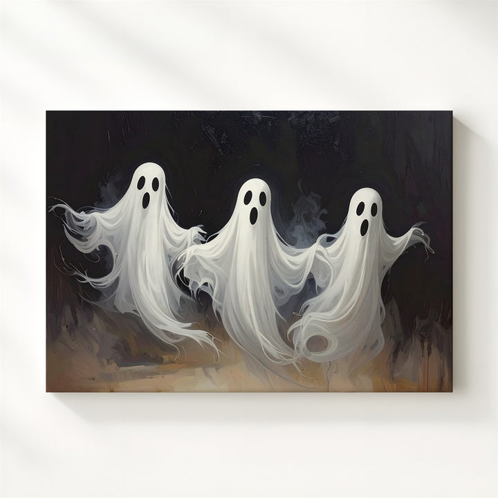Floating Ghost Trio Canvas – Playful Halloween Spirits in Motion - Gifitto