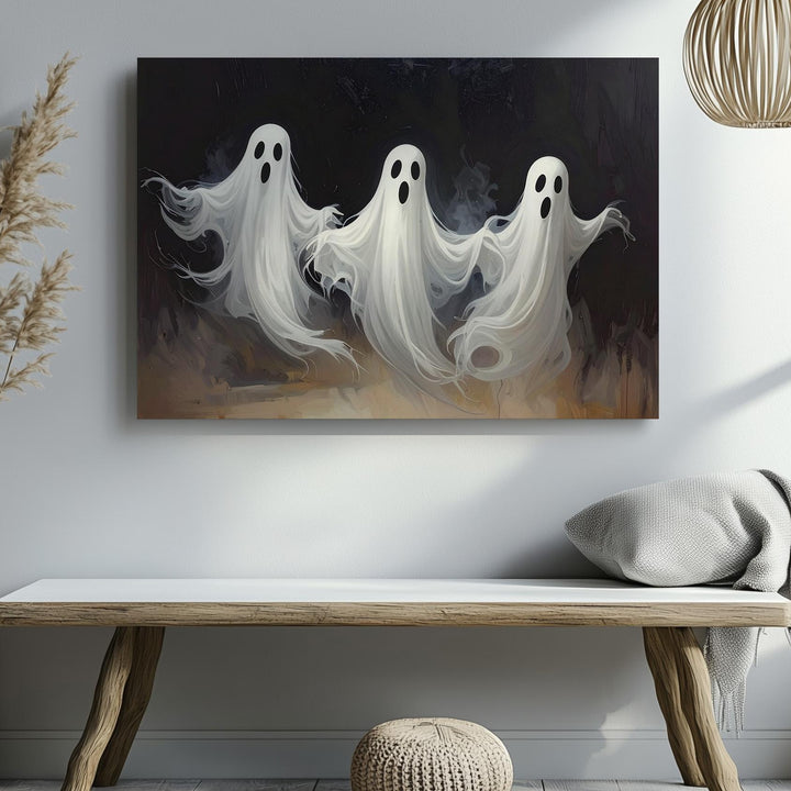 Floating Ghost Trio Canvas – Playful Halloween Spirits in Motion - Gifitto