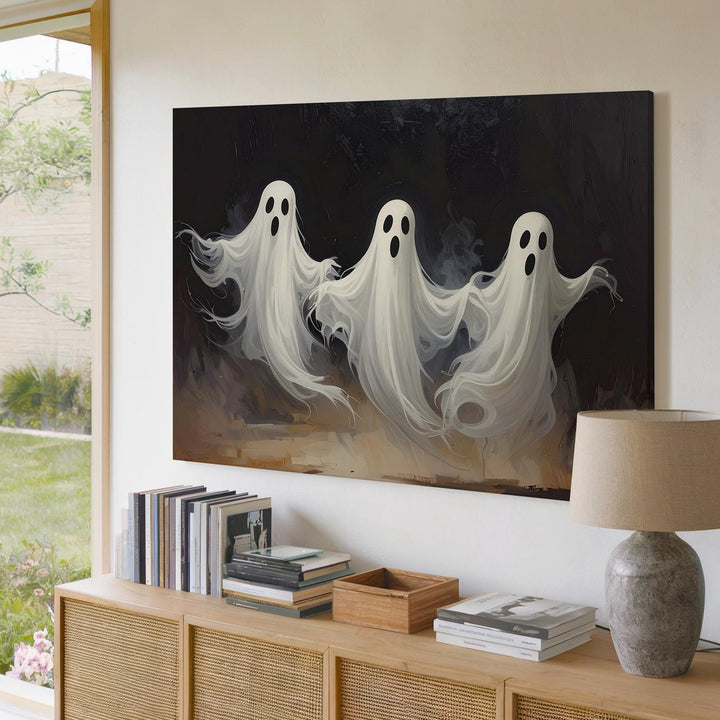 Floating Ghost Trio Canvas – Playful Halloween Spirits in Motion - Gifitto